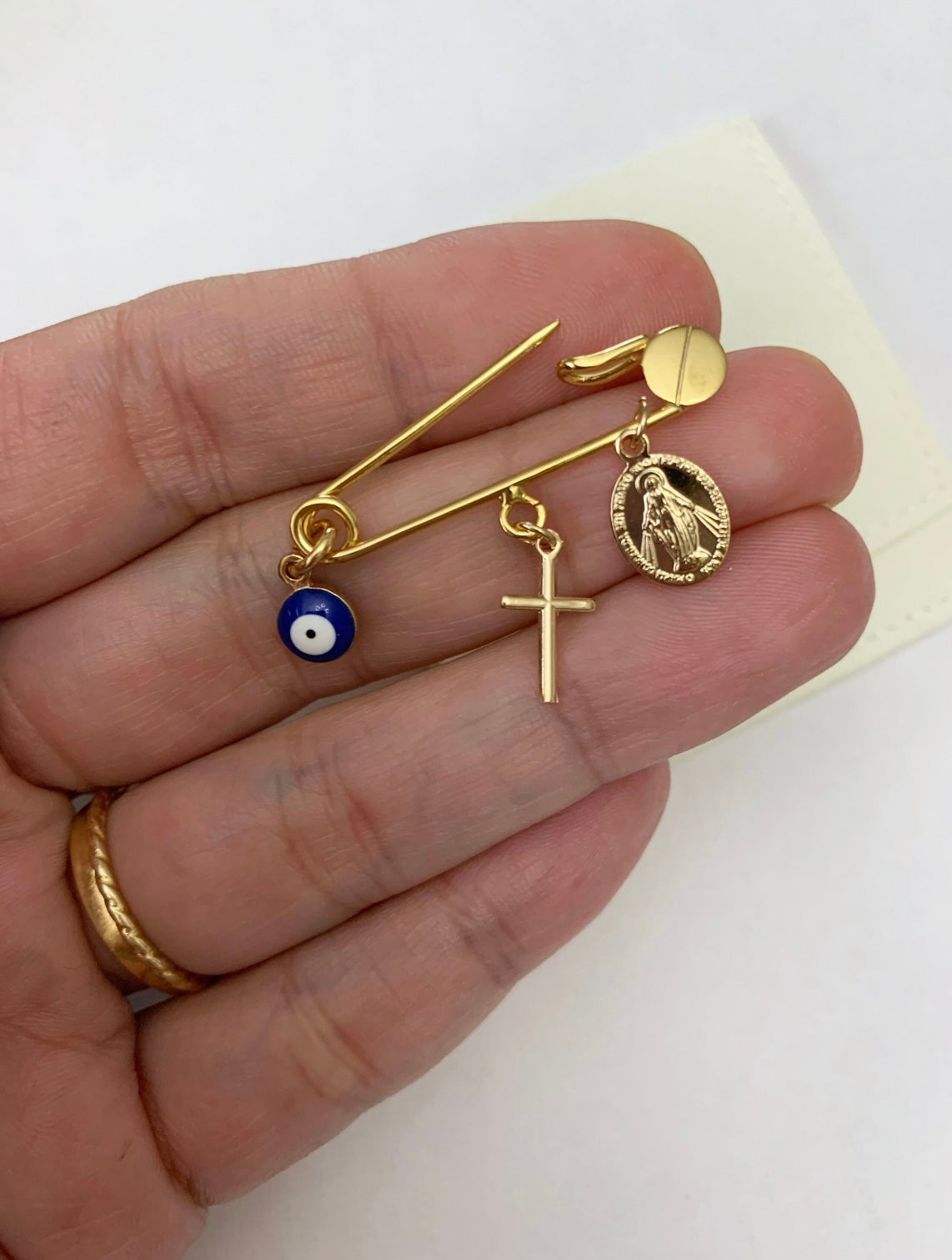 (Copy) Virgin Mary (Miracolous), Cross, deep blue evil eye