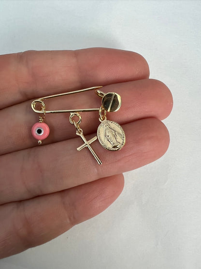 Cross, Virgin Mary, mother pearl pink Evil Eye