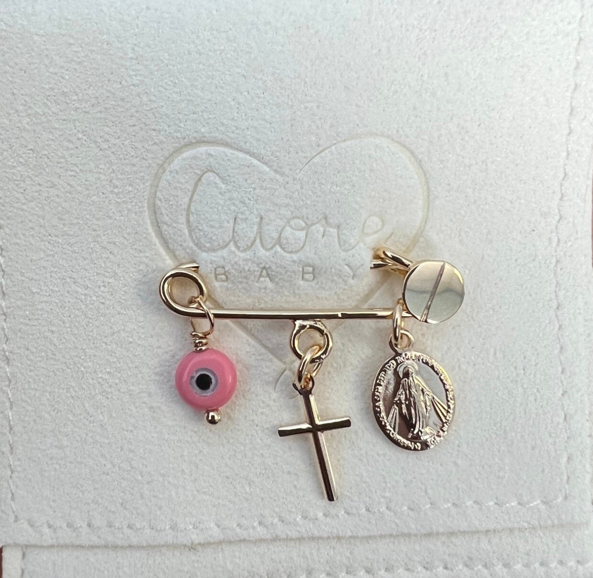 Cross, Virgin Mary, mother pearl pink Evil Eye