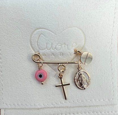 Cross, Virgin Mary, mother pearl pink Evil Eye